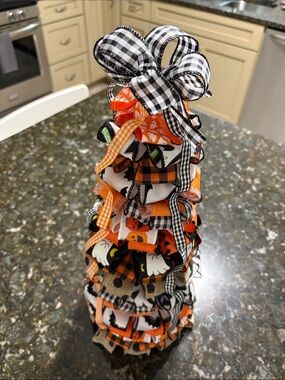 Handmade Halloween Ribbon Tree - Orange Black White